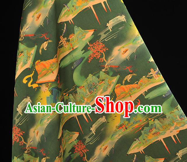 Chinese Cheongsam Gambiered Guangdong Gauze Traditional Green Satin Fabric Classical Heavenly Palace Pattern Silk Material