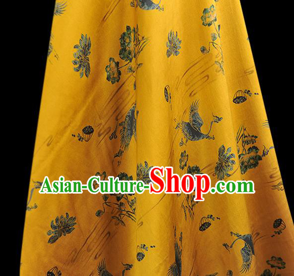 Chinese Classical Crane Lotus Pattern Silk Material Cheongsam Traditional Yellow Satin Fabric Gambiered Guangdong Gauze