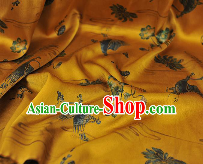 Chinese Classical Crane Lotus Pattern Silk Material Cheongsam Traditional Yellow Satin Fabric Gambiered Guangdong Gauze