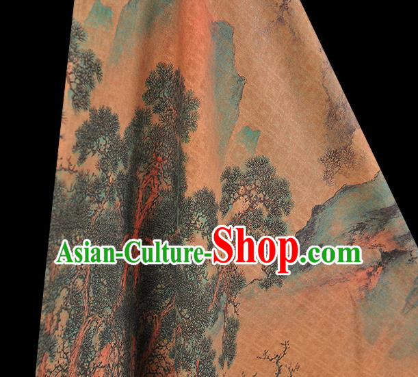 Chinese Cheongsam Gambiered Guangdong Gauze Traditional Jacquard Brown Fabric Classical Hill Pavilion Pattern Silk Cloth