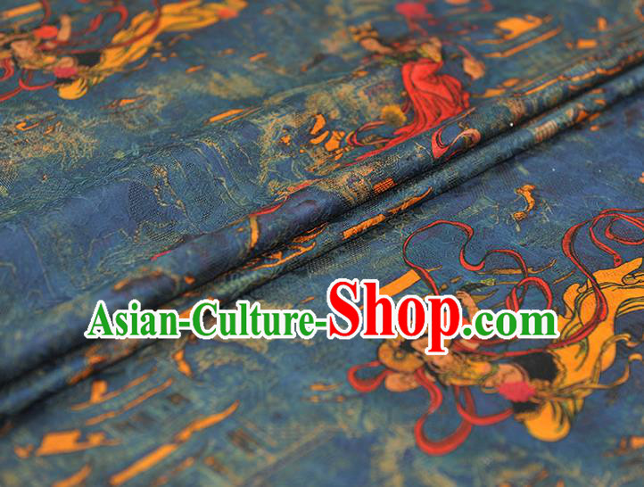 Chinese Cheongsam Traditional Silk Fabric Blue Gambiered Guangdong Gauze Classical Flying Goddess Pattern Silk Material