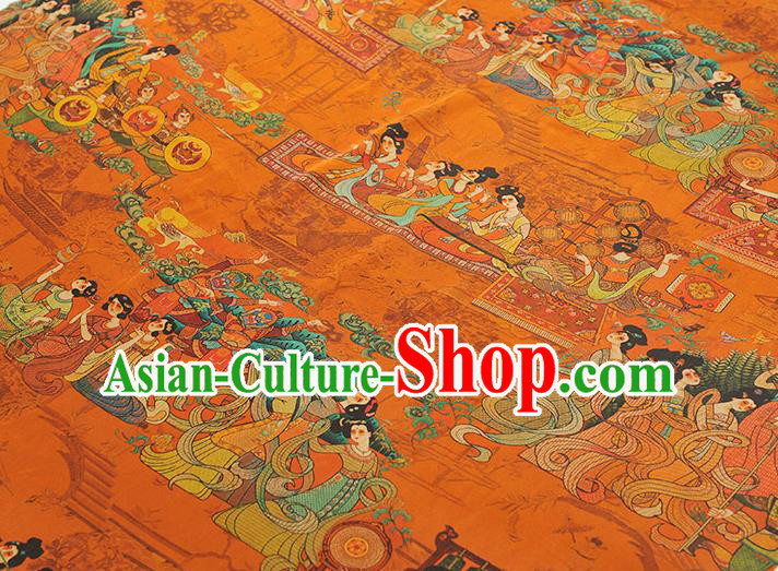 Traditional Silk Material Chinese Cheongsam Classical Musician Beauty Pattern Silk Fabric Orange Gambiered Guangdong Gauze