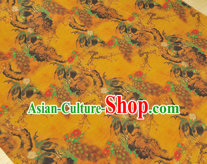 Traditional Yellow Satin Material Gambiered Guangdong Gauze Chinese Cheongsam Classical Peacock Peony Pattern Silk Fabric