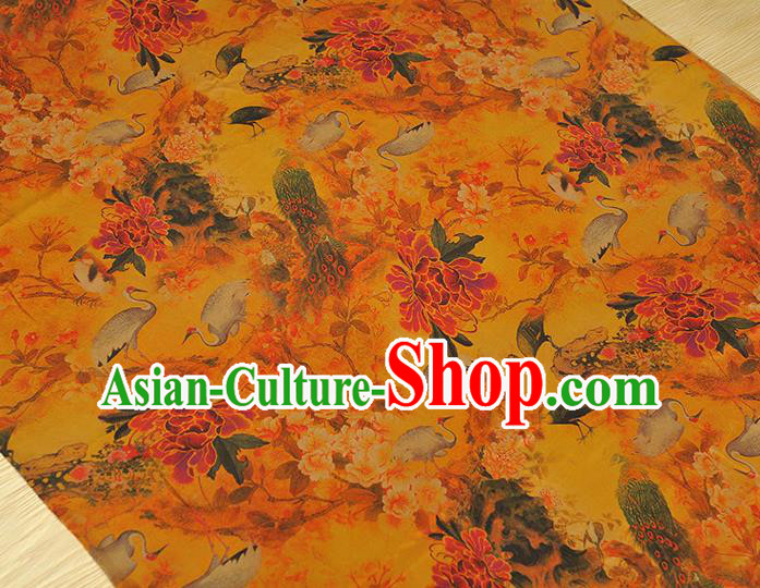Traditional Cheongsam Ginger Gambiered Guangdong Gauze Chinese Classical Crane Peony Pattern Silk Fabric Jacquard Material