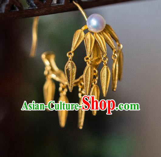 China Traditional Ancient Court Bamboo Leaf Ear Jewelry Ming Dynasty Empress Gilding Pearl Earrings