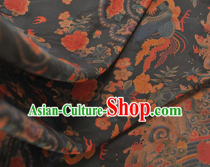 China Classical Cheongsam Black Gambiered Guangdong Gauze Cloth Traditional Peony Phoenix Pattern Silk Fabric
