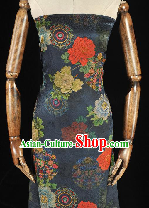 Chinese Classical Peony Pattern Silk Fabric Cheongsam Navy Gambiered Guangdong Gauze Traditional Cloth Material