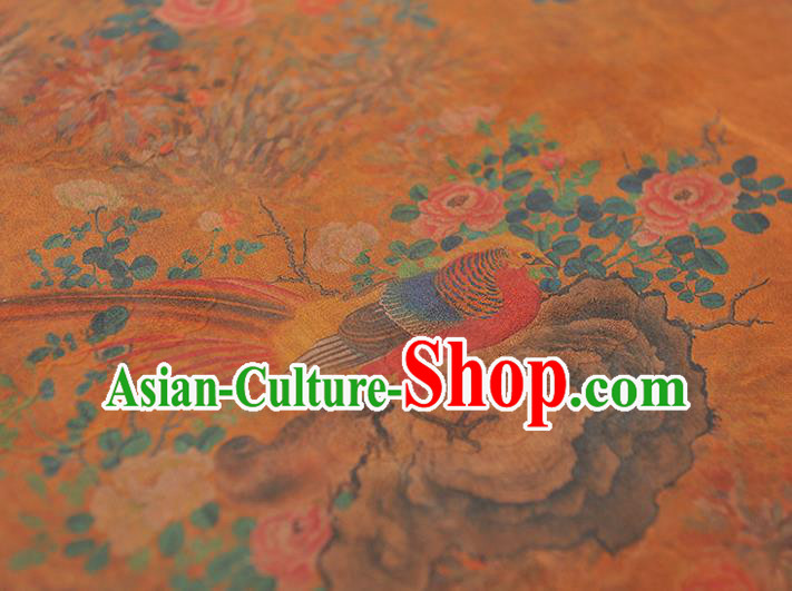 Chinese Classical Peony Birds Pattern Silk Fabric Cheongsam Gambiered Guangdong Gauze Material Traditional Ginger Silk Cloth