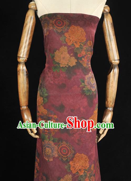 Chinese Cheongsam Gambiered Guangdong Gauze Material Traditional Jacquard Silk Cloth Classical Peony Pattern Wine Red Silk Fabric