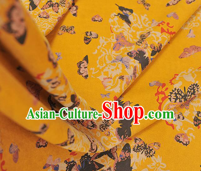 Chinese Traditional Butterfly Pattern Yellow Silk Fabric Cheongsam Gambiered Guangdong Gauze