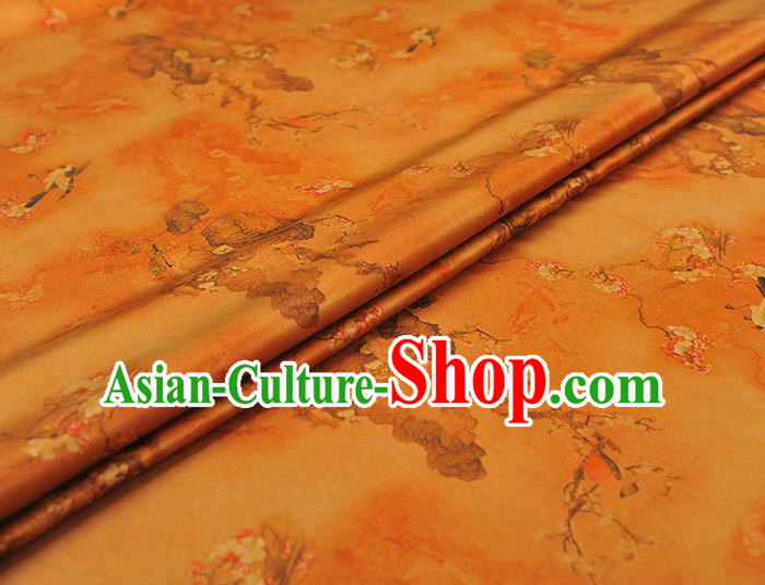 Chinese Yellow Gambiered Guangdong Gauze Traditional Plum Birds Pattern Silk Fabric Classical Cheongsam Satin Material
