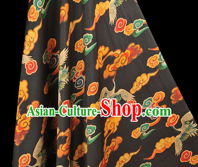 Chinese Traditional Cheongsam Gambiered Guangdong Gauze Classical Cloud Cranes Pattern Silk Cloth Black Satin Fabric