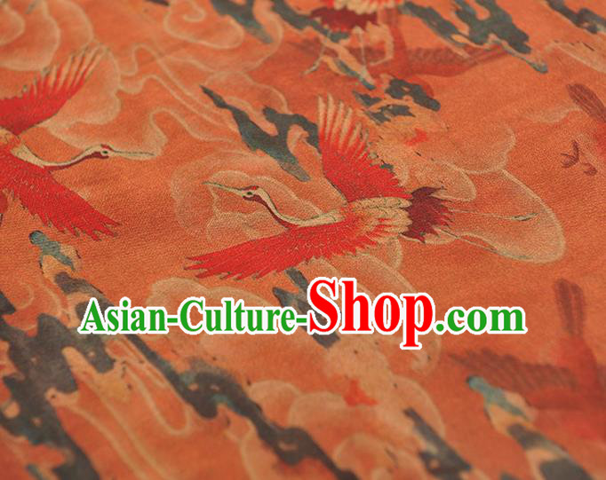 Chinese Classical Cranes Pattern Silk Cloth Rust Red Satin Fabric Traditional Cheongsam Gambiered Guangdong Gauze