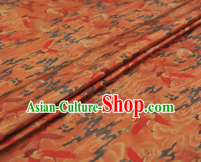 Chinese Classical Cranes Pattern Silk Cloth Rust Red Satin Fabric Traditional Cheongsam Gambiered Guangdong Gauze
