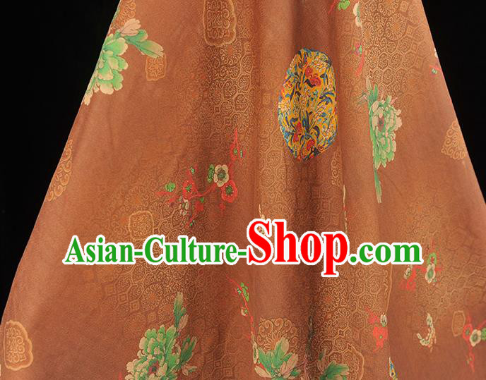 Brown Chinese Gambiered Guangdong Gauze Traditional Peony Butterfly Pattern Silk Fabric Classical Cheongsam Satin Material