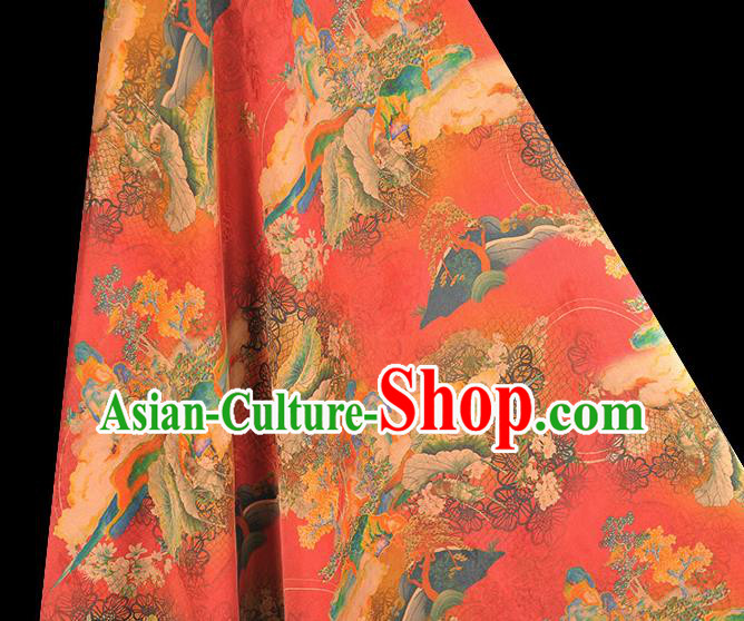 Top Chinese Classical Cheongsam Red Gambiered Guangdong Gauze Fabric Traditional Lotus Leaf Pattern Silk Material