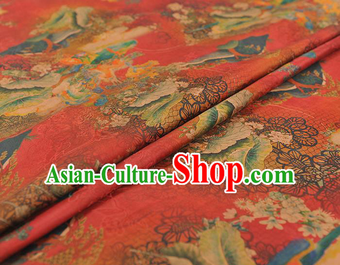 Top Chinese Classical Cheongsam Red Gambiered Guangdong Gauze Fabric Traditional Lotus Leaf Pattern Silk Material