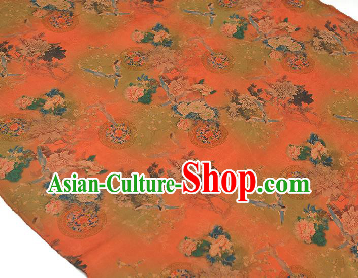 Chinese Classical Peony Birds Pattern Red Silk Material Top Cheongsam Gambiered Guangdong Gauze Traditional Cloth Fabric