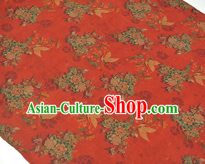 Chinese Cheongsam Gambiered Guangdong Gauze Traditional Top Cloth Fabric Classical Peony Crane Pattern Red Silk Material