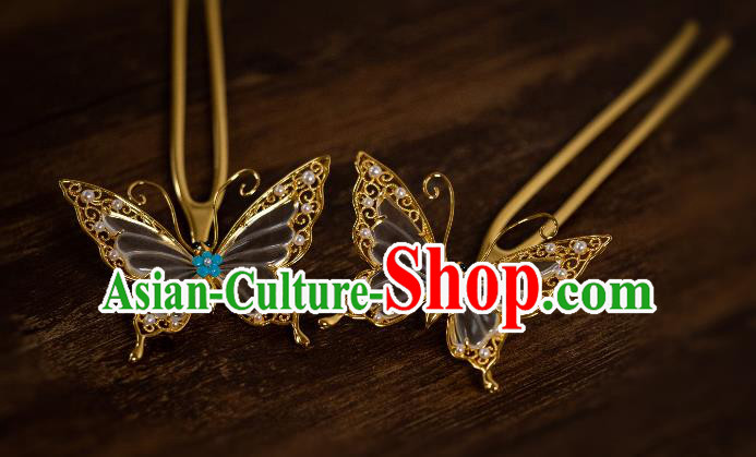 China Traditional Hanfu Pearls Tassel Hairpin Ancient Ming Dynasty Gilding Hair Jewelry Crystal Butterfly Hair Accessories