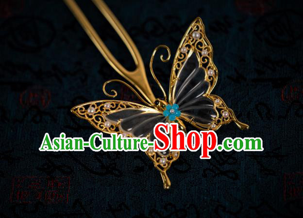 China Traditional Hanfu Pearls Tassel Hairpin Ancient Ming Dynasty Gilding Hair Jewelry Crystal Butterfly Hair Accessories