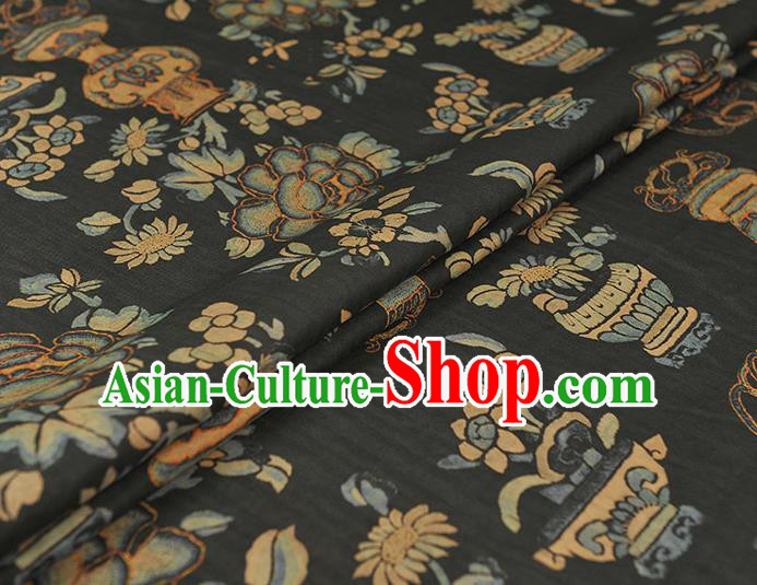 Chinese Classical Flower Vase Pattern Black Silk Material Top Cheongsam Cloth Fabric Traditional Gambiered Guangdong Gauze