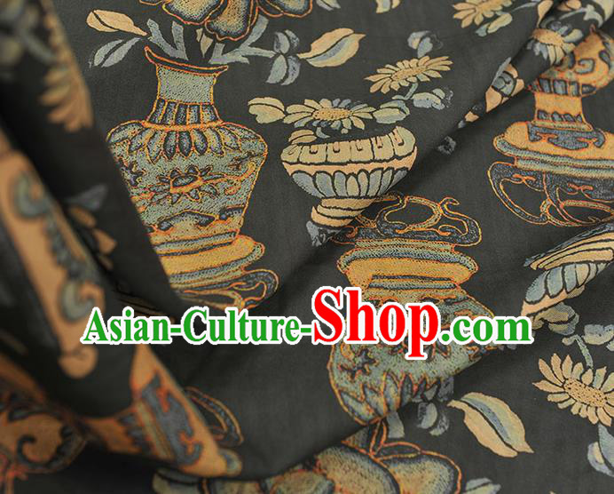 Chinese Classical Flower Vase Pattern Black Silk Material Top Cheongsam Cloth Fabric Traditional Gambiered Guangdong Gauze