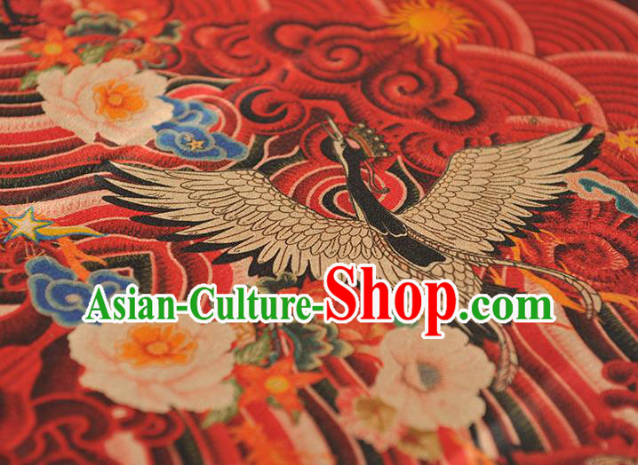 Chinese Classical Wave Crane Pattern Red Silk Material Traditional Gambiered Guangdong Gauze Cheongsam Satin Cloth Fabric