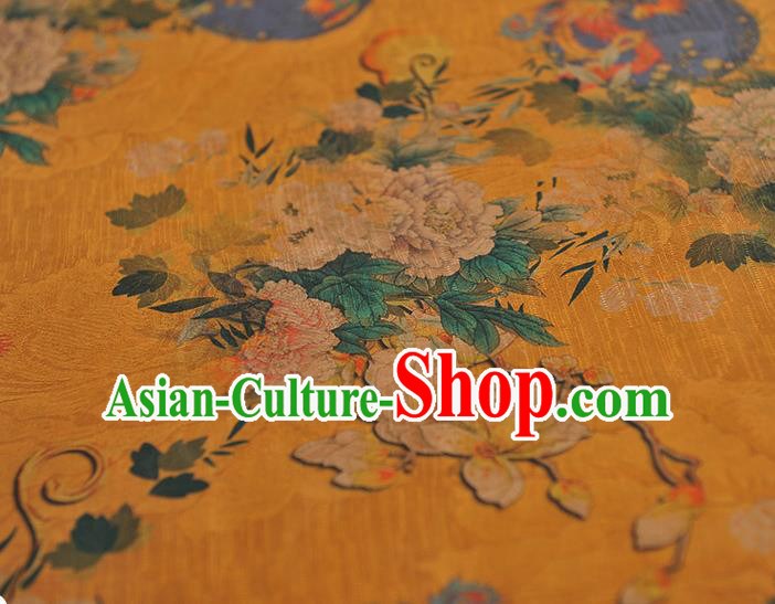 Chinese Traditional Fabric Cheongsam Gambiered Guangdong Gauze Classical Mangnolia Peony Pattern Yellow Silk Material
