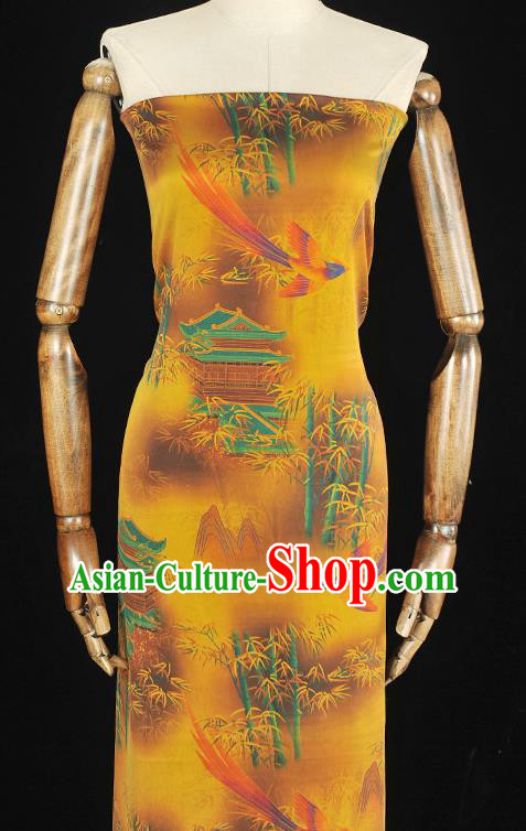 Chinese Cheongsam Gambiered Guangdong Gauze Classical Bamboo Bird Pattern Yellow Silk Material Traditional Satin Fabric