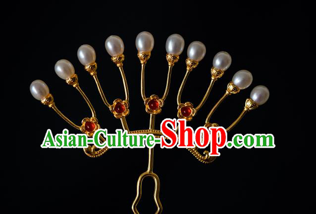 China Traditional Hanfu Hairpin Ancient Tang Dynasty Gilding Hair Comb Pearls Hair Accessories