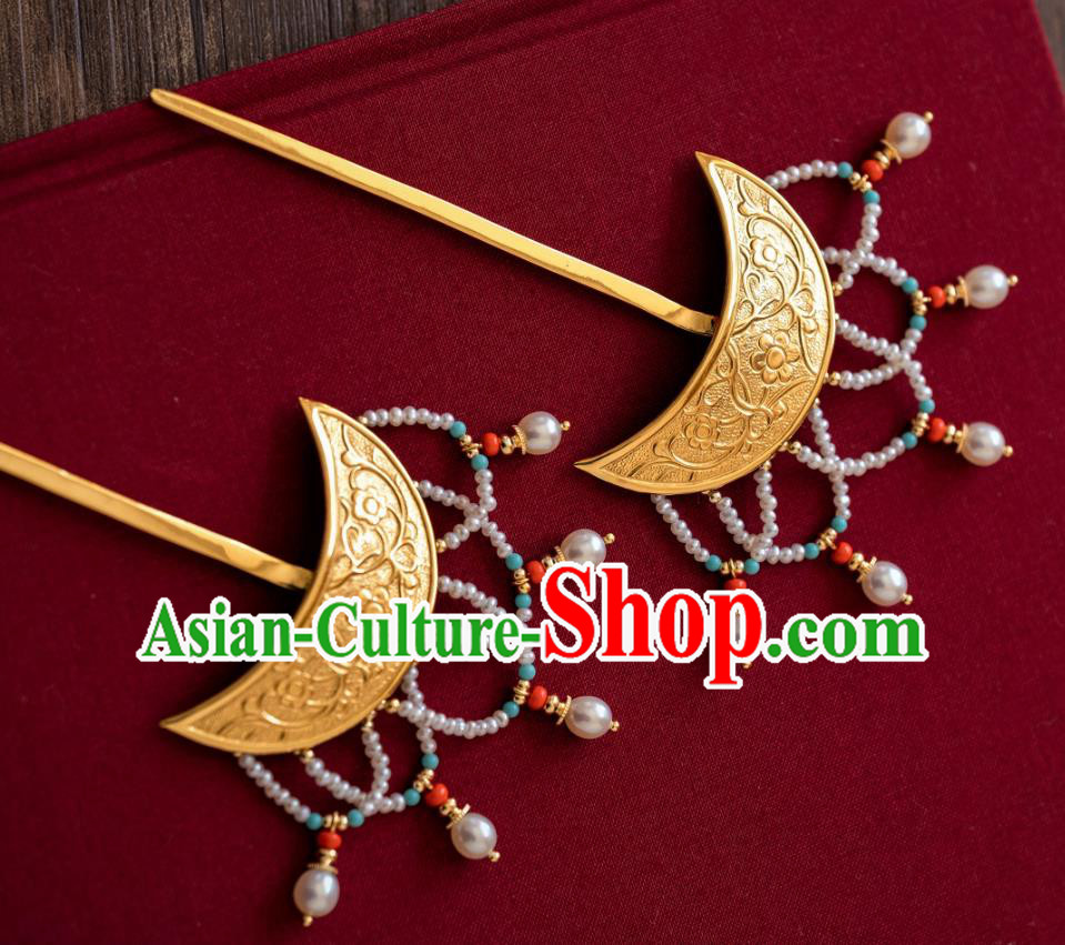 China Traditional Tang Dynasty Hanfu Hairpins Hair Accessories Ancient Empress Gilding Pearls Tassel Hair Sticks