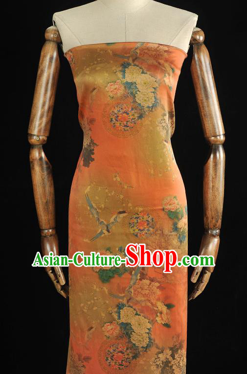 Chinese Orange Satin Traditional Cheongsam Fabric Classical Peony Birds Pattern Silk Material