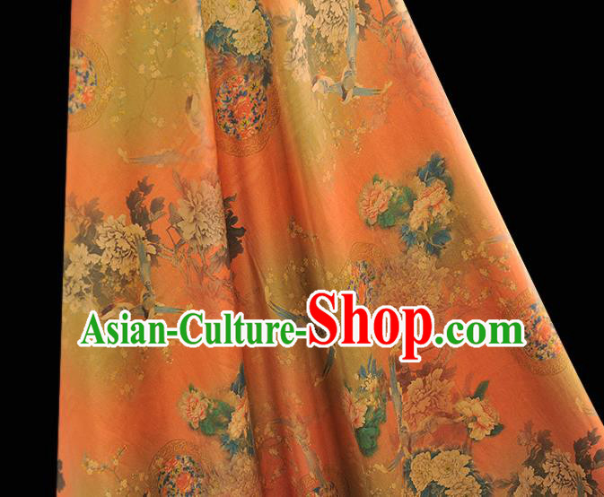 Chinese Orange Satin Traditional Cheongsam Fabric Classical Peony Birds Pattern Silk Material