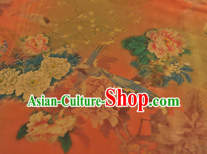 Chinese Orange Satin Traditional Cheongsam Fabric Classical Peony Birds Pattern Silk Material