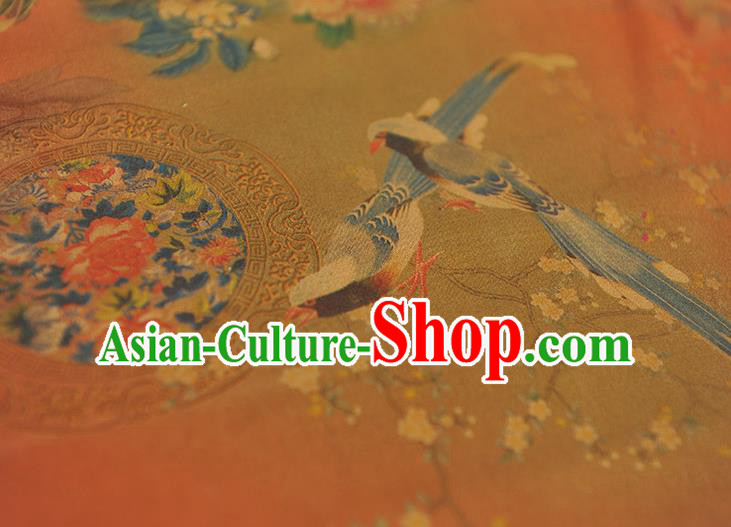 Chinese Orange Satin Traditional Cheongsam Fabric Classical Peony Birds Pattern Silk Material