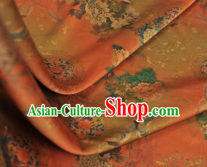 Chinese Orange Satin Traditional Cheongsam Fabric Classical Peony Birds Pattern Silk Material