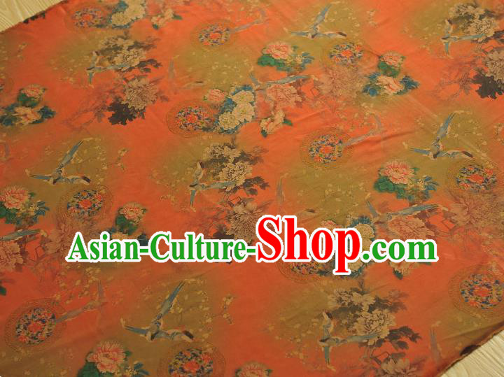 Chinese Orange Satin Traditional Cheongsam Fabric Classical Peony Birds Pattern Silk Material