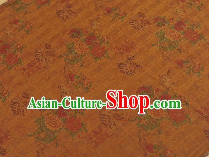 Chinese Traditional Ginger Gambiered Guangdong Gauze Cheongsam Cloth Material Classical Peony Flowers Pattern Silk Fabric