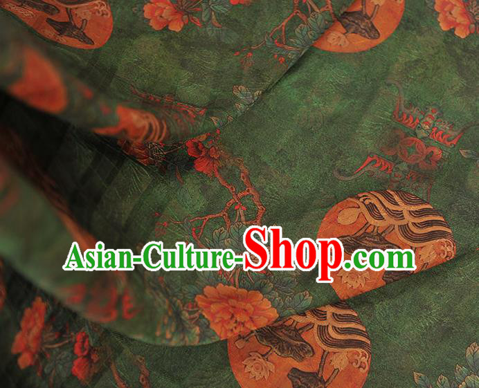 Chinese Classical Peony Flowers Pattern Silk Fabric Traditional Green Gambiered Guangdong Gauze Cheongsam Cloth Material