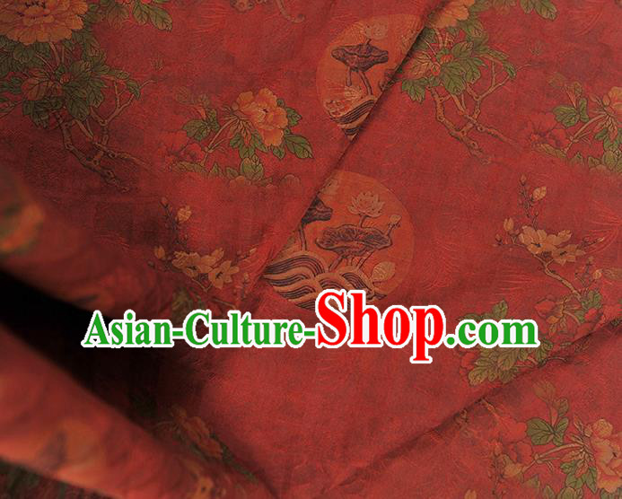 Chinese Cheongsam Cloth Material Classical Peony Flowers Pattern Silk Fabric Traditional Red Gambiered Guangdong Gauze