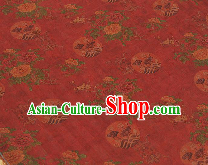 Chinese Cheongsam Cloth Material Classical Peony Flowers Pattern Silk Fabric Traditional Red Gambiered Guangdong Gauze