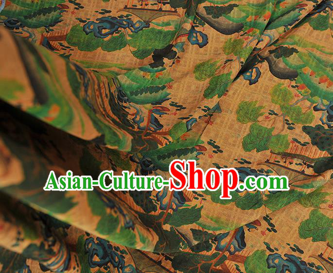 Chinese Cheongsam Yellow Cloth Material Traditional Gambiered Guangdong Gauze Classical Pavilion Pattern Silk Fabric