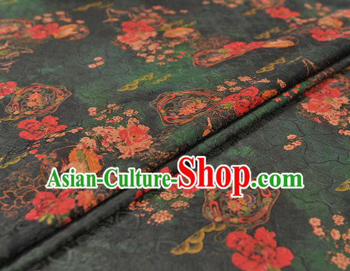 Chinese Traditional Gambiered Guangdong Gauze Classical Peony Plum Pattern Silk Fabric Cheongsam Green Cloth Material