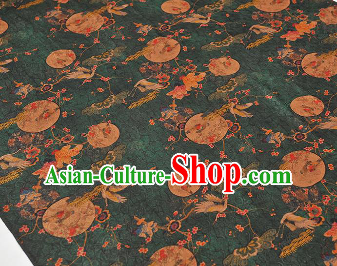 Chinese Traditional Deep Green Gambiered Guangdong Gauze Cheongsam Cloth Material Classical Crane Plum Pattern Silk Fabric