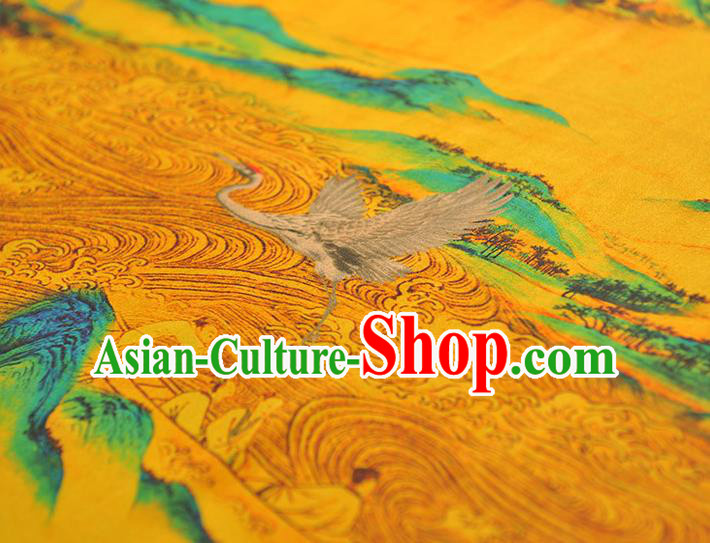 Chinese Classical Crane Pattern Silk Fabric Traditional Yellow Gambiered Guangdong Gauze Cheongsam Cloth Material