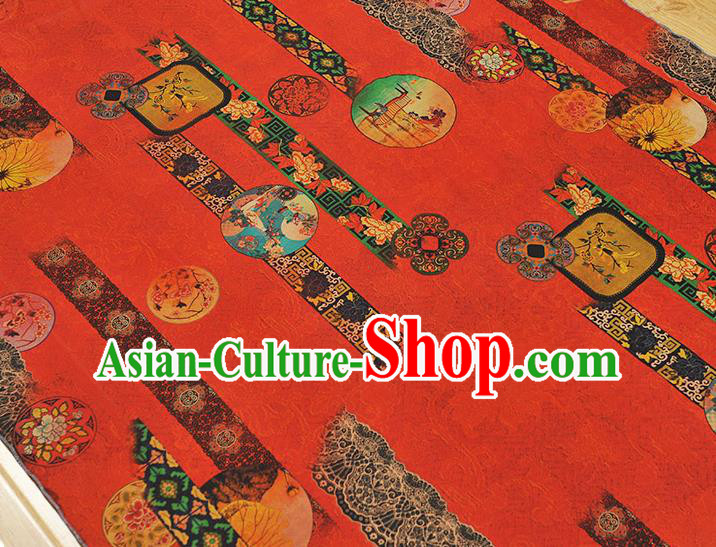 Chinese Traditional Cheongsam Red Cloth Material Classical Folding Screen Pattern Gambiered Guangdong Gauze Silk Fabric