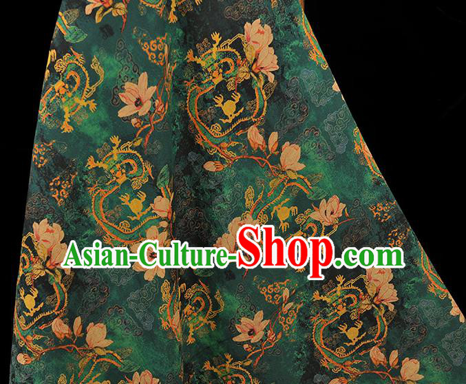 Chinese Classical Mangnolia Pattern Gambiered Guangdong Gauze Cloth Material Traditional Cheongsam Deep Green Silk Fabric