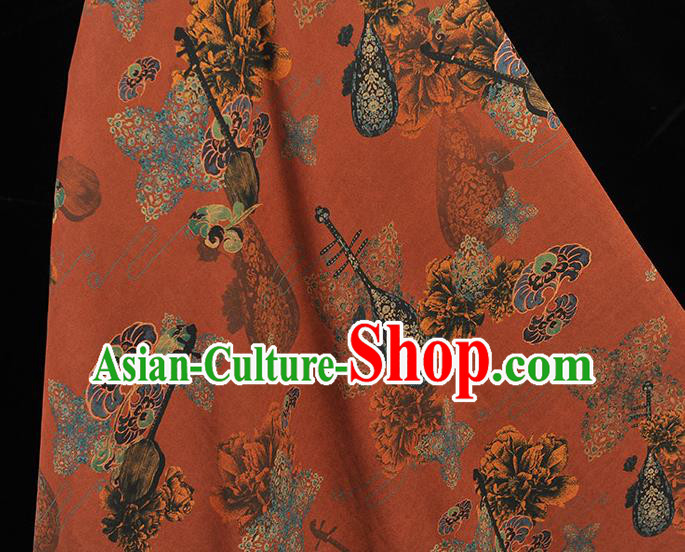 Chinese Traditional Cloth Material Cheongsam Rust Red Silk Fabric Classical Lute Pattern Gambiered Guangdong Gauze