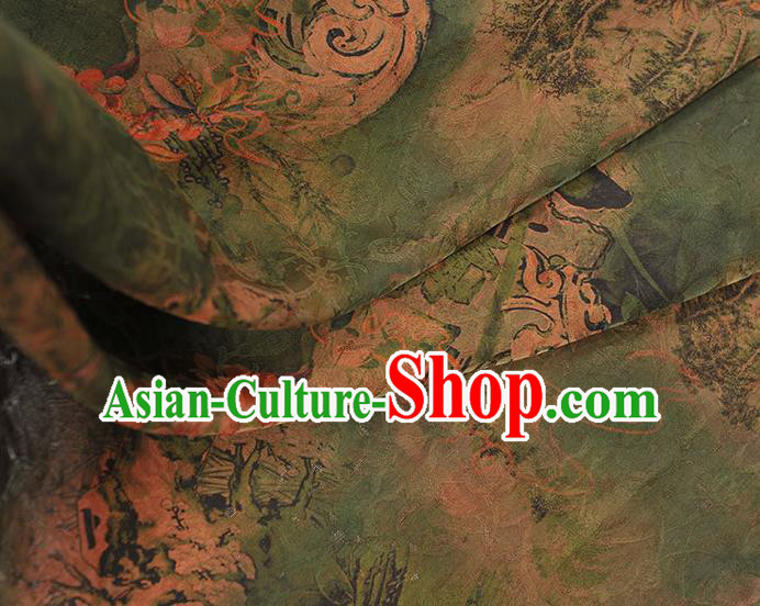 Chinese Traditional Cheongsam Cloth Material Classical Peach Blossom Pattern Gambiered Guangdong Gauze Deep Green Silk Fabric
